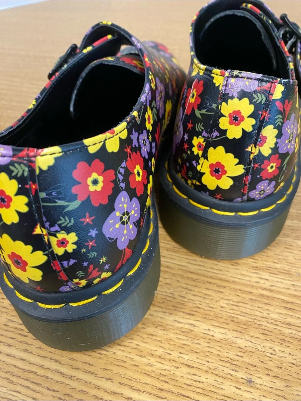 Dr. Martens Women’s Floral Black Leather Buckle Shoes